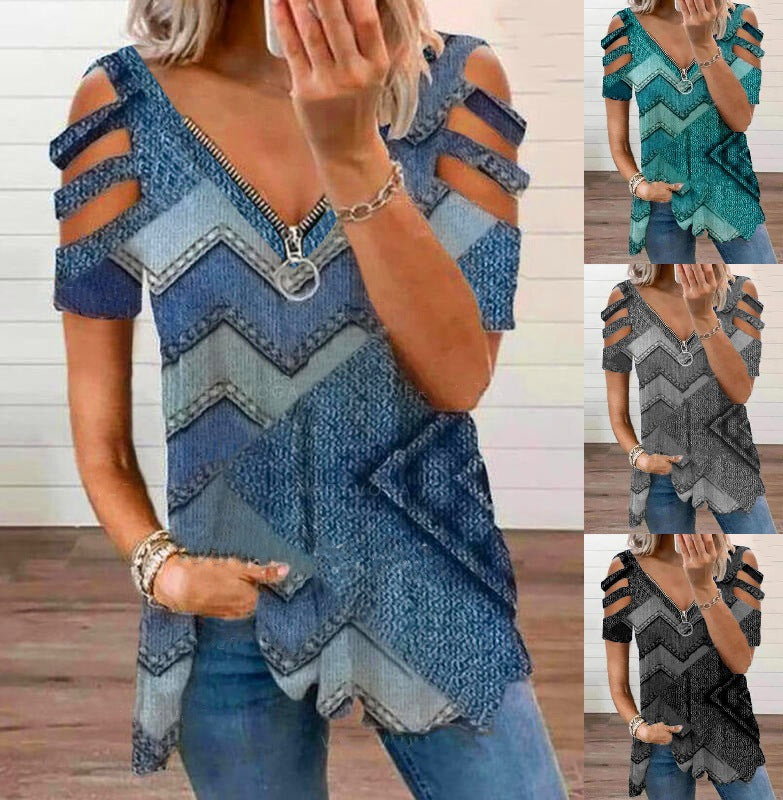 New Women's Casual Hollow Out Shoulder V-Neck Loose T-Shirt Top