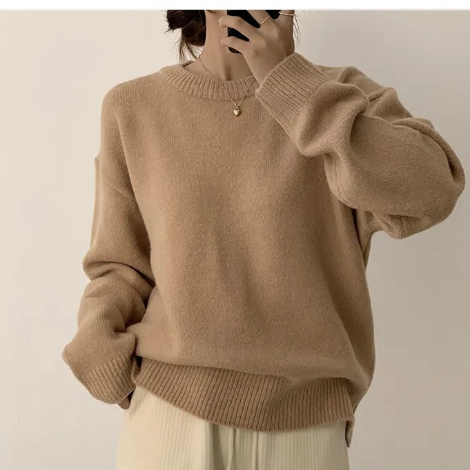 Red Sweater Round Neck Pullover Pure Color Minimal Versatile Sweater