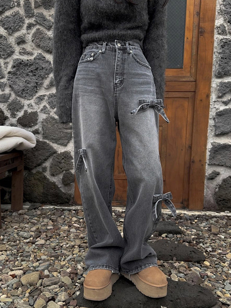 High Waist Slimming Casual Straight-leg Bow Washed Jeans Women's Pants