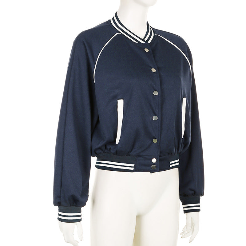 American Retro College Style Color Contrast Patchwork Stand Collar Breasted Baseball Uniform