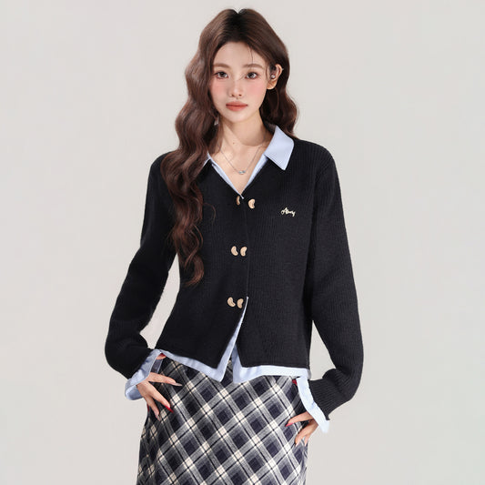 Fake Two-piece Long Sleeve Knitted Cardigan Women Loose Thick Sweater
