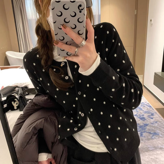Koreansk-inspireret grå prikket strikket cardigan til kvinder efterår langærmet top