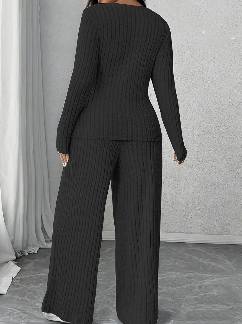 Womens Knitted V-Neck Jumpsuit With Wide-Leg Pants