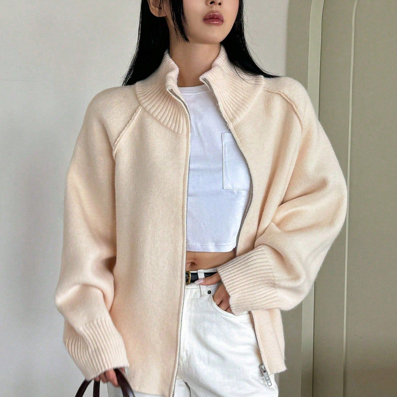 Solid Color Stand Collar Zipper Knitted Cardigan Top