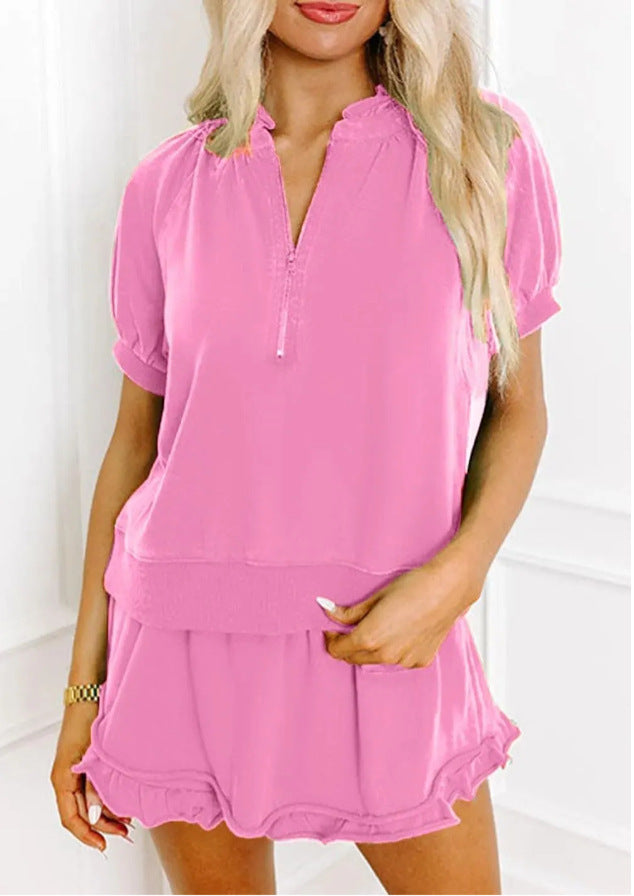 Womens Casual Zippered Fashion Solid-Color Short-Sleeve Two-Piece Set