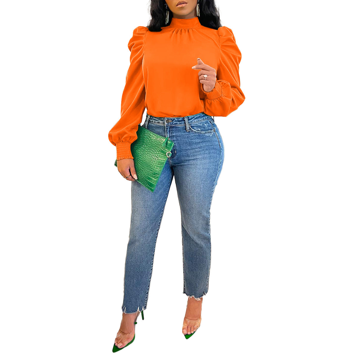 Stand Collar Puff Sleeve Back Lace-up Top