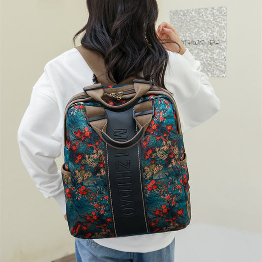 Retro Printed Wear-resistant Splash Proof Large Capacity Stitching Backpack For Women