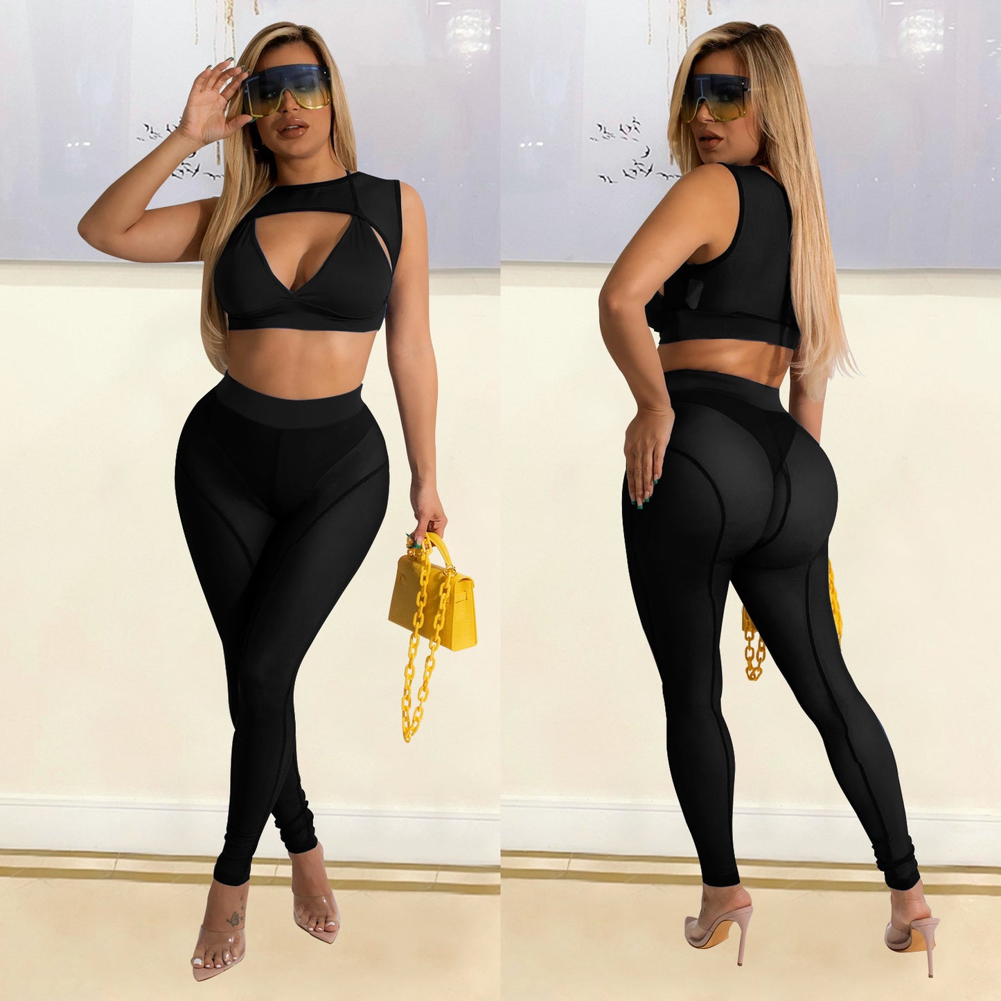 Women's Skinny Mesh See-Through Panel Leggings