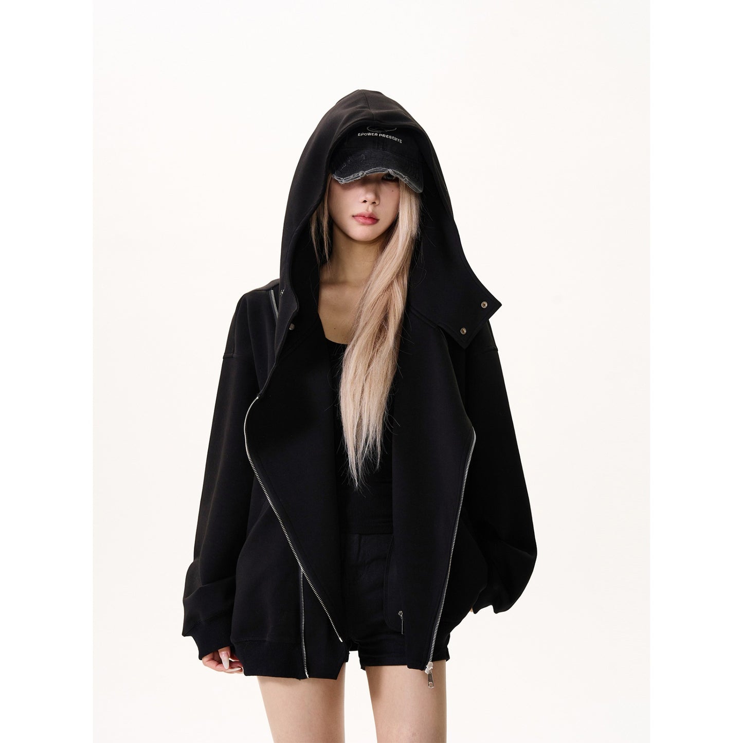 Retro Double Zipper Stitching Deconstructing Air Layer Hooded Sweater