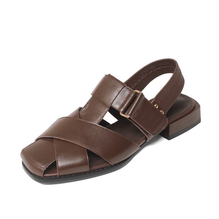 Low-heel Retro Velcro Sandals Thick-heeled Baotou Back Strap Women's Shoes