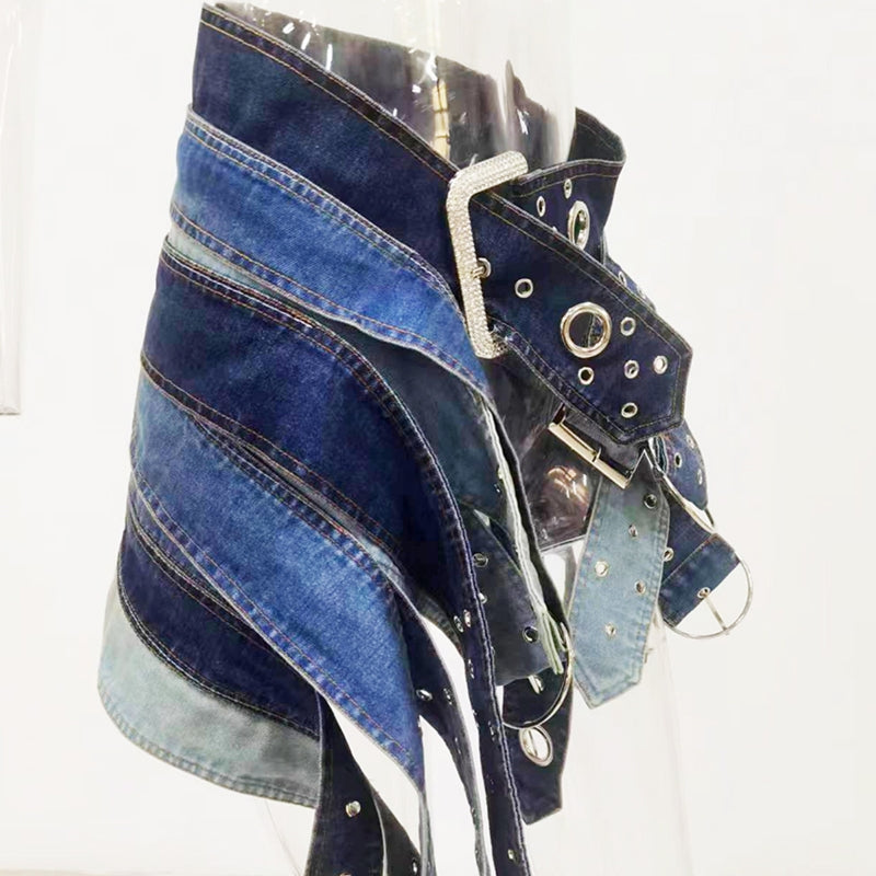 Heavy Washed Antique Silver Japanese Buckle Belt Mini Low Waist Denim Skirt