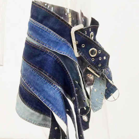 Heavy Washed Antique Silver Japanese Buckle Belt Mini Low Waist Denim Skirt