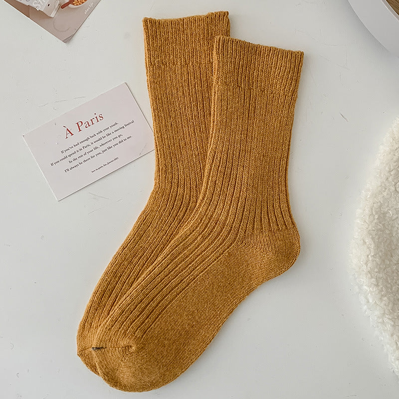 Solid-color Vertical-striped Wool Womens Socks For Fall And Winter