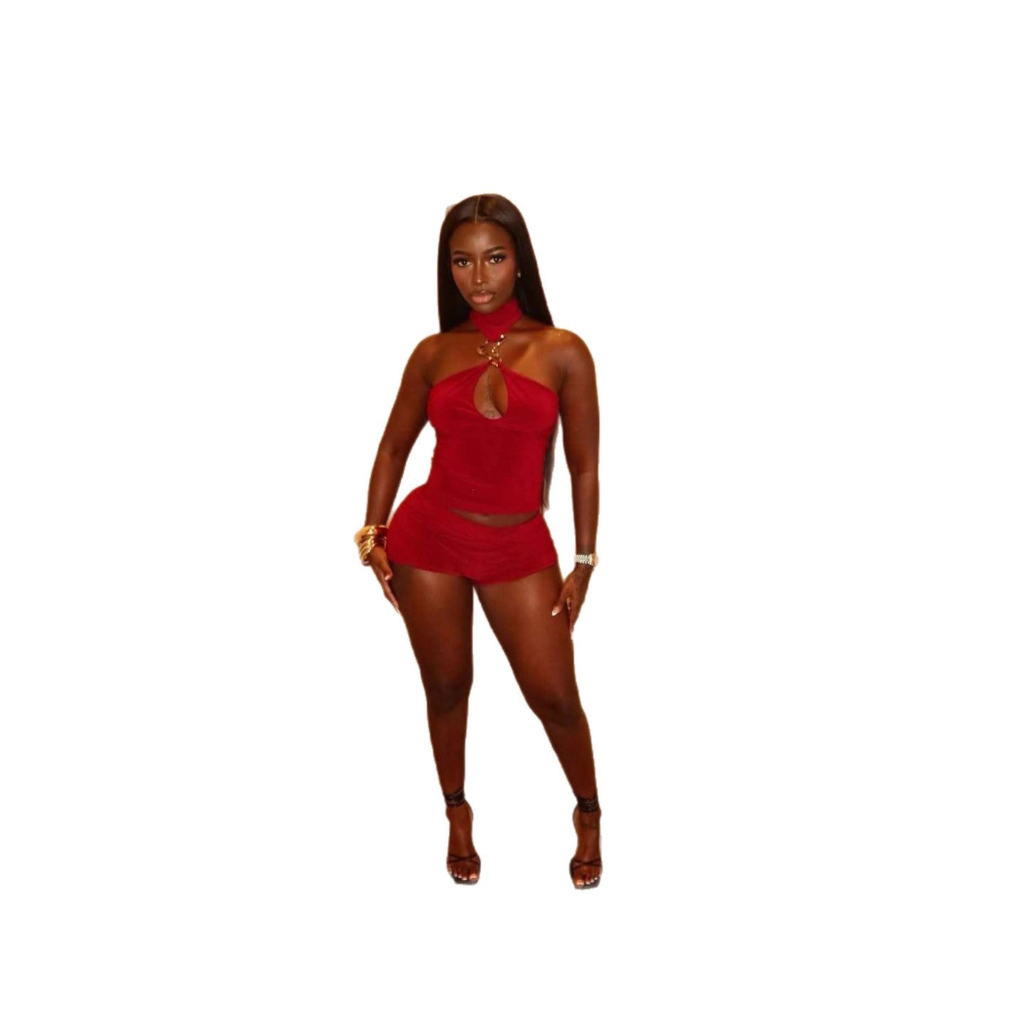 Fashionable Halter-Neck Metal-Design Hollow-Out Vest And Slim-Fit Shorts Set