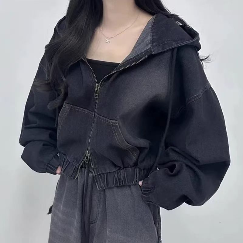 Hong Kong Style Elegant Double Zipper Loose Leisure Short Long Sleeve Hooded Denim Jacket