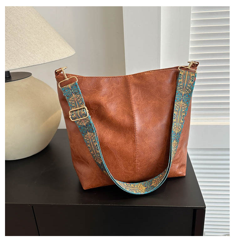 Skuldertaske til damer med bred skulderrem i etnisk stil, Ins stor kapacitet, spandformet skuldertaske, modetaske