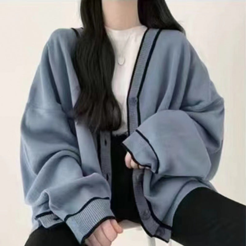 Contrast Color V-neck Knitted Cardigan Sweater Coat