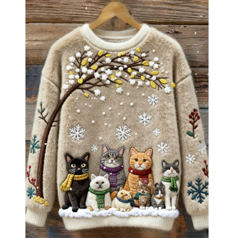 Dame sweatshirt med printet katte julemotiv og rund hals