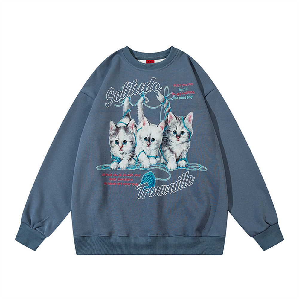 Men's Pullover Kitten Print Loose Round Neck Sweater