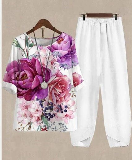 Womens Casual Crew-Neck Cropped-Sleeve Top Set