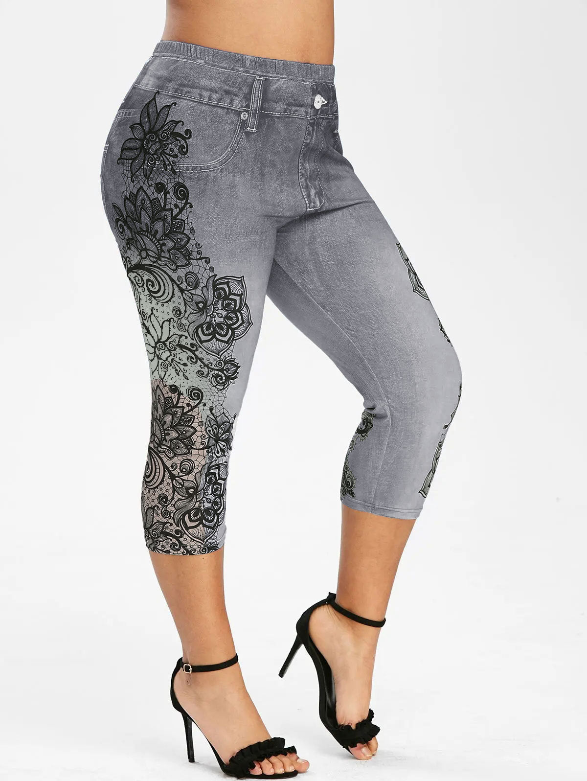 Mid-rise Printed Faux Denim Skinny Cropped Pants