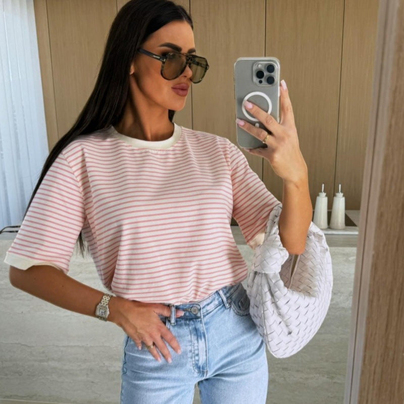 Summer Casual Striped Round Neck Loose Color Matching Short Sleeve