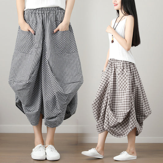 Loose Cotton Linen Plaid Elastic Waist Lantern Skirt