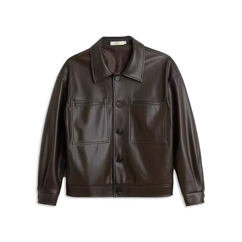 Efterår Retro Revers Kort Pu Læder Casual Jakke Mænds Koreansk-stil Niche Net Rød Løs Læderfrakke Flæse Flot Stilfuld