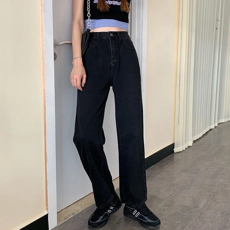 Ripped Lined Jeans Women's Full Straight Loose Wide Leg Feeling Long Pants
