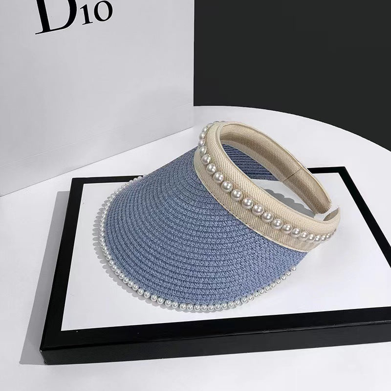 Empty Top Sunshade Pearl Straw Hat Women Lace