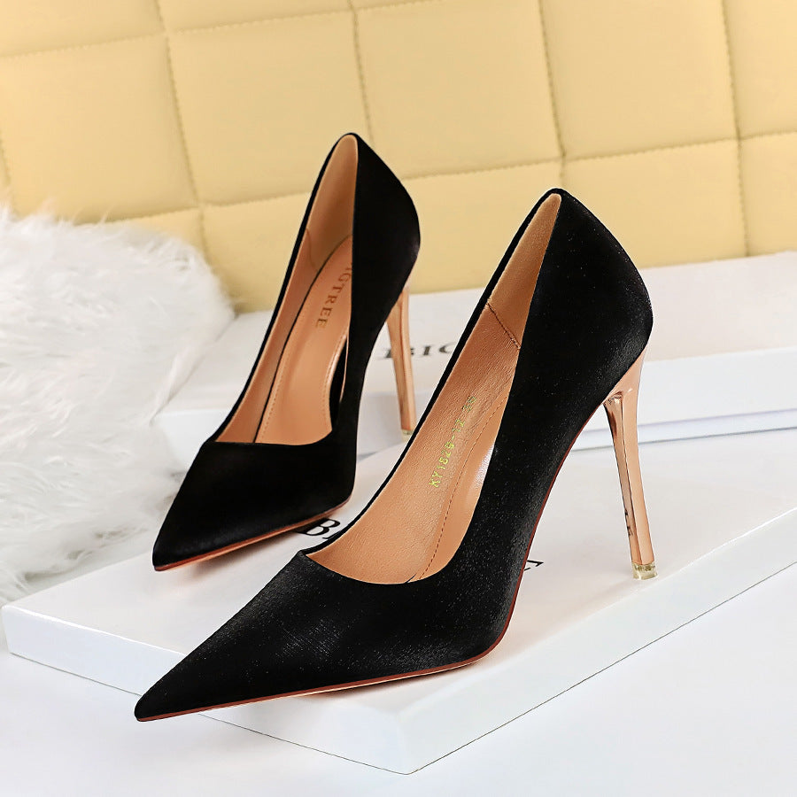 European And American Style Sexy Thin-heeled Satin Shallow Pointed High Heels