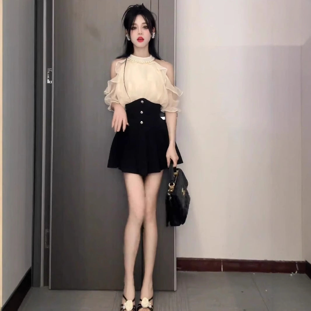 Womens Elegant Halterneck Off-shoulder Top And Skirt Two-piece Set
