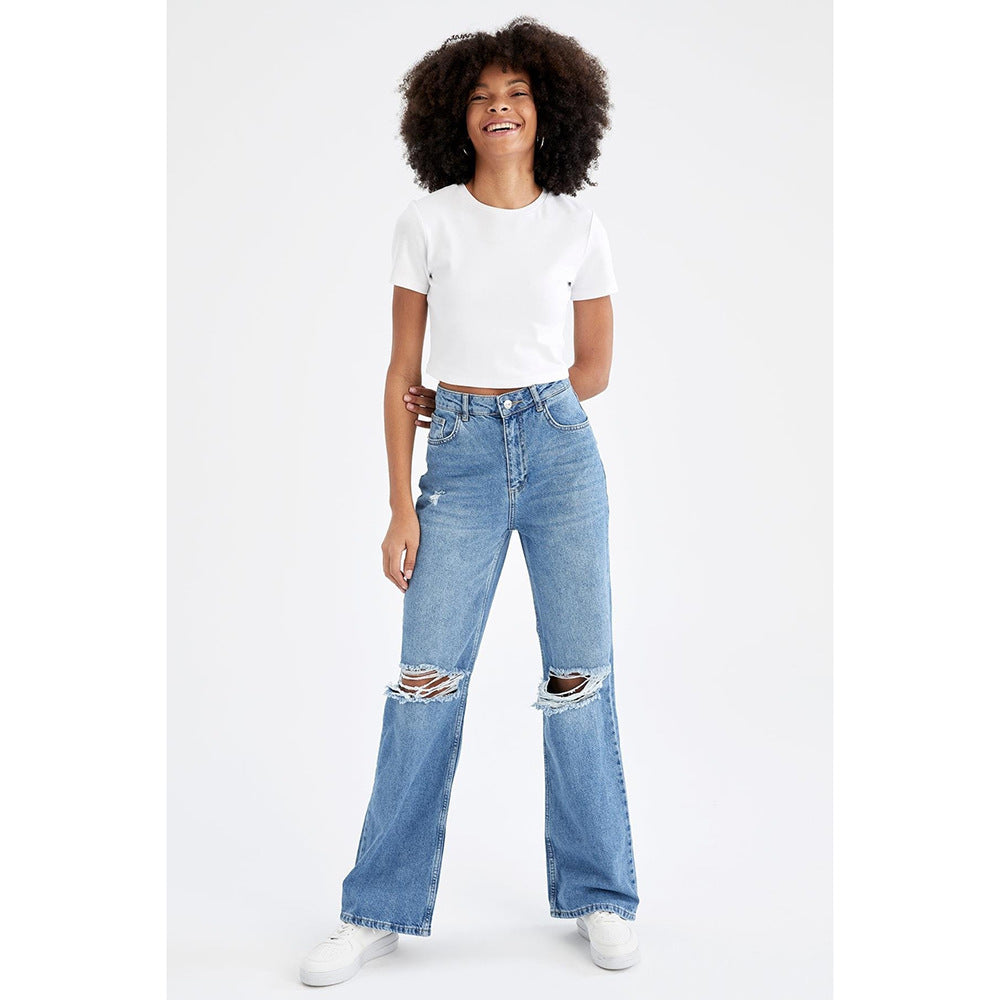 Retro Distressed Drop-waist Women's Loose Wide-leg Floor-length Pants
