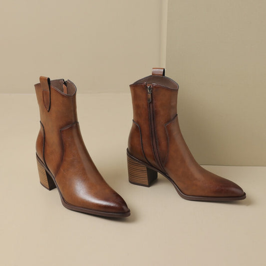 Women's Vintage Mid-Calf Western Cowboy Boots In Full Leather AutumnWinter Style