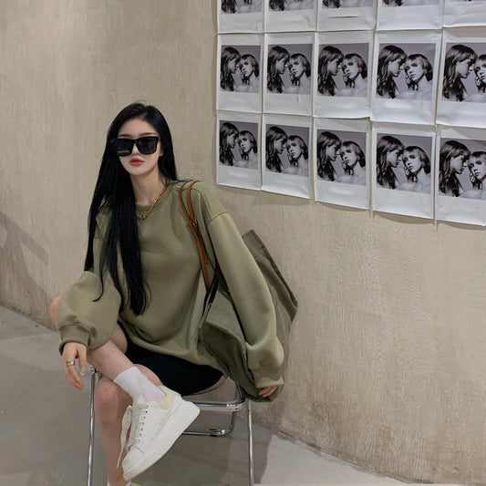 Women's Loose Green Long Sleeve Round Neck Top