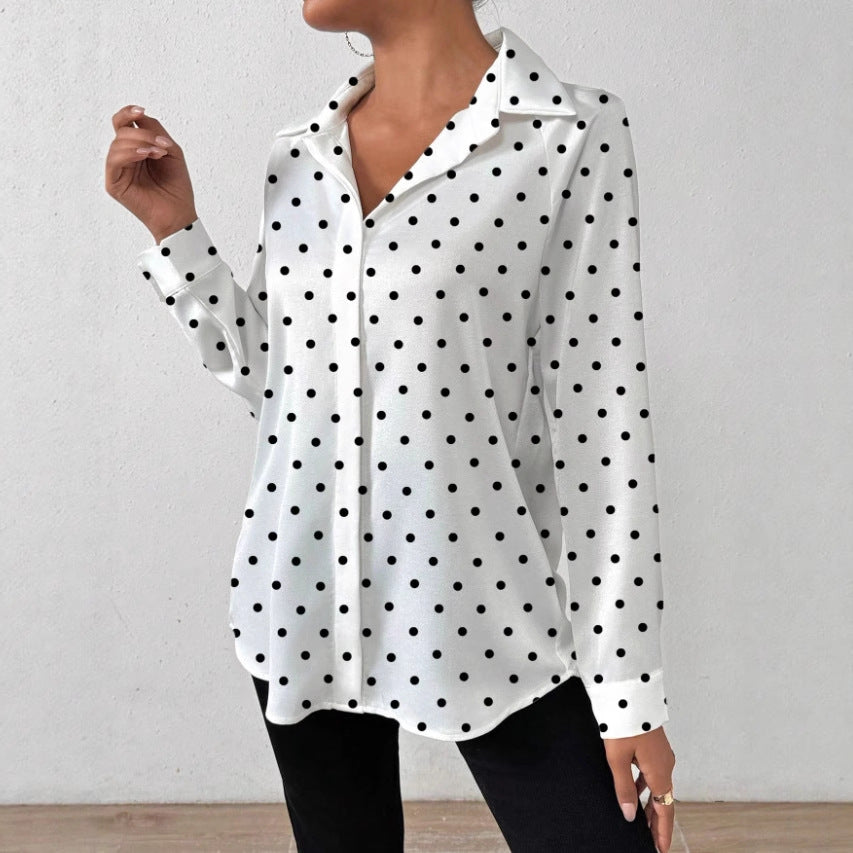 Womens Black And White Polka-Dot V-Neck Long-Sleeve Shirt