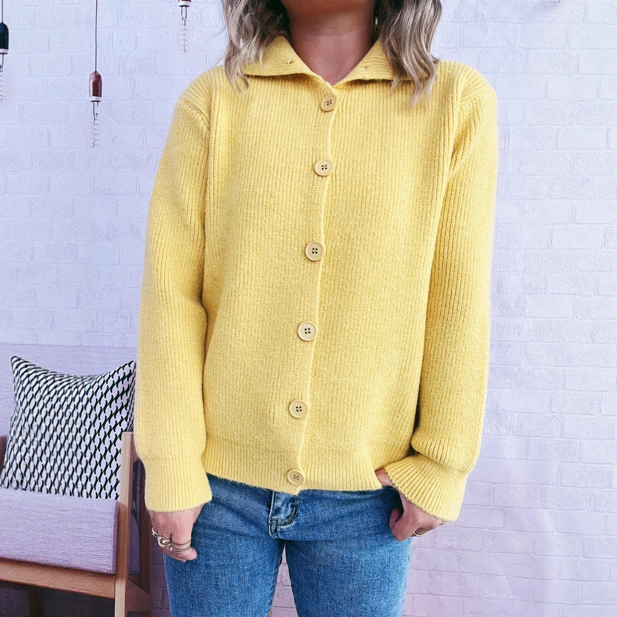 Simple Commute Solid Color Knitted Cardigan Lapel Long Sleeve Single-breasted Sweater