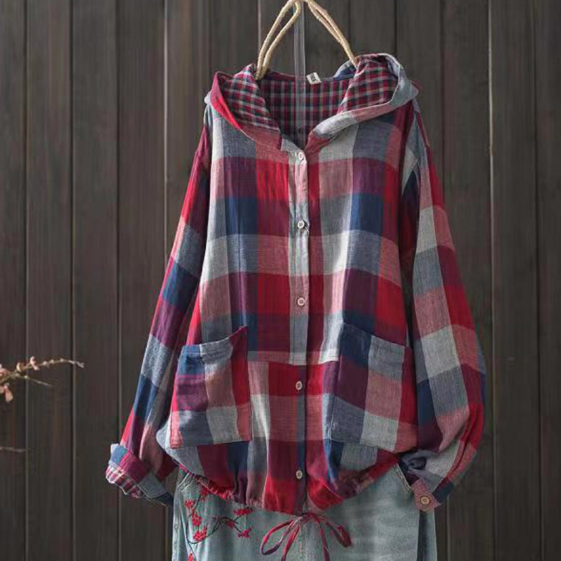 New Korean-style Oversized Artistic Retro Casual Plaid Cotton-linen Double-layer Shirt With A Hood