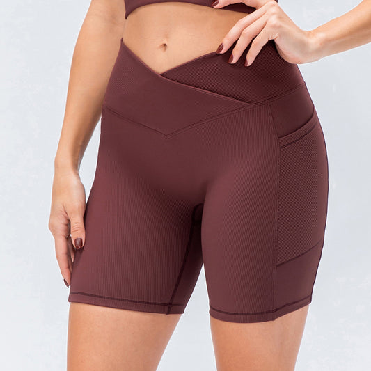 New Women's Yoga Shorts Cross Waist Slim Fit Fitness Pants Pockets High Waist Hip Lift Running Exercise Shorts
