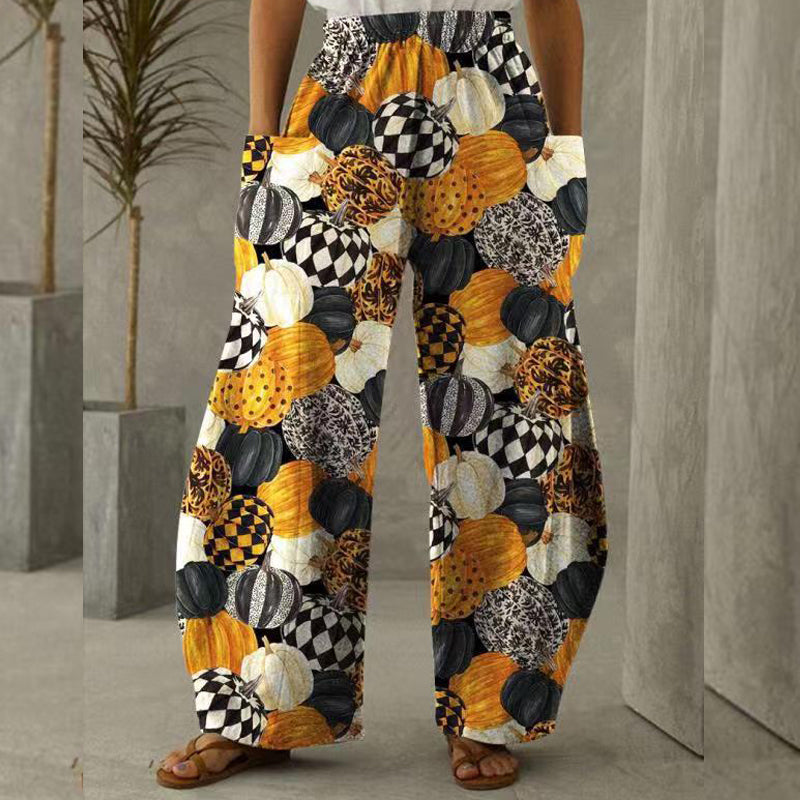 Summer Retro Elements 3D Printed Wide-leg Trousers Elastic Waist Comfortable Home European And American