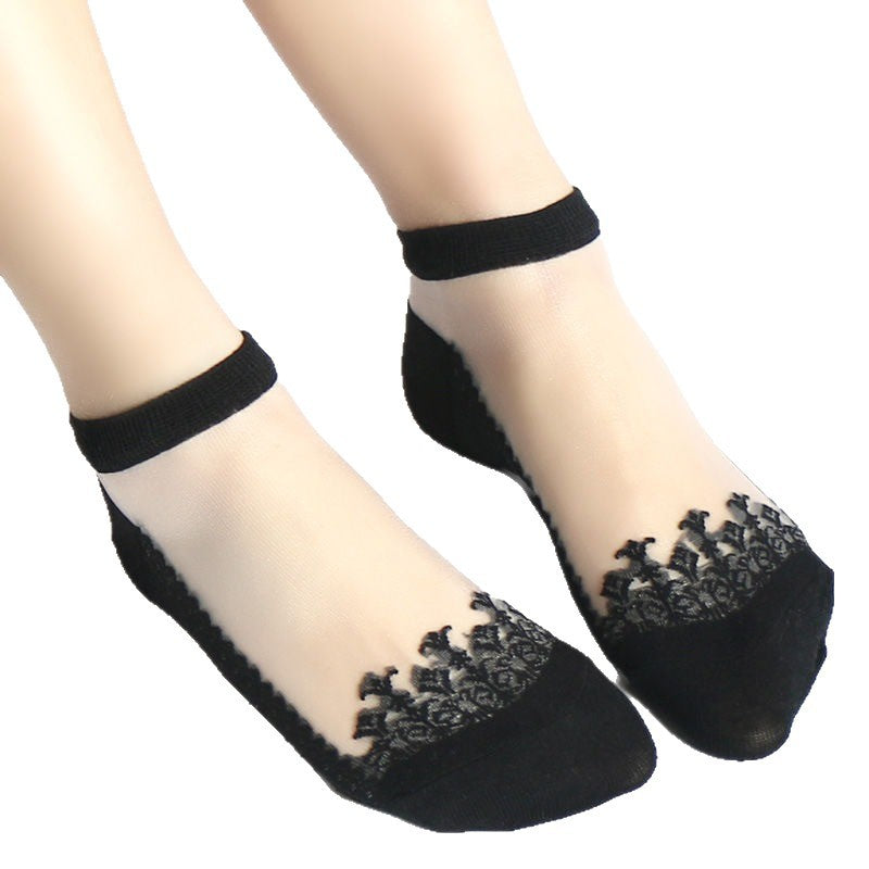 Thin Sheer Lace-trimmed Crystal Jacquard Ankle Socks