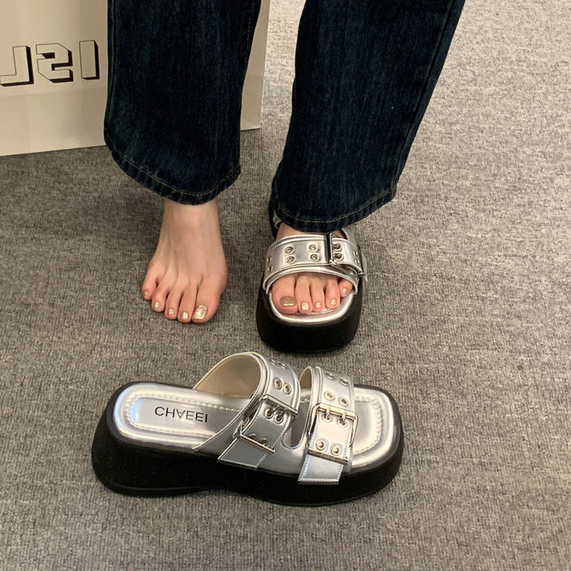 Flat Toe Ring Word Platform Slippers