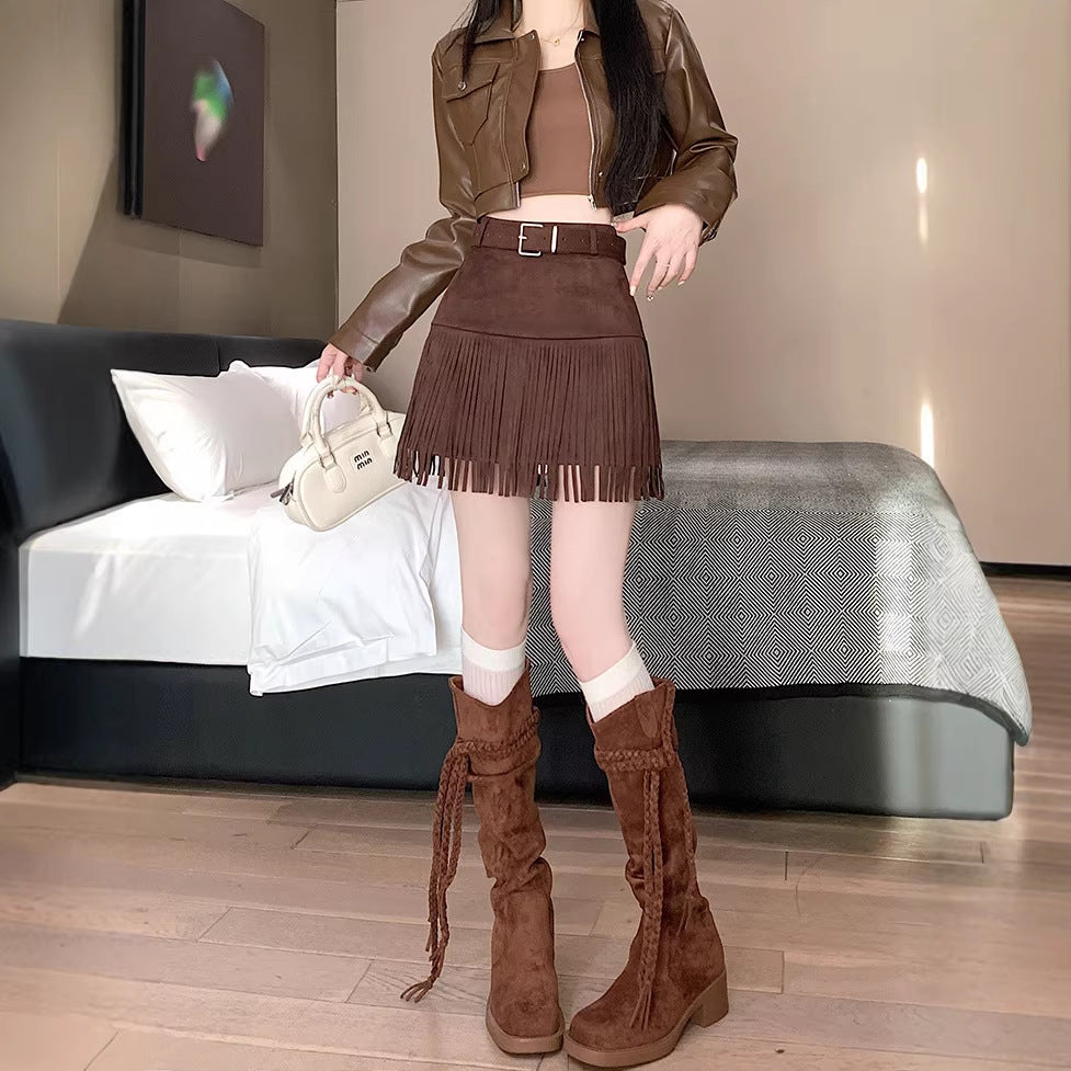 Retro Chic Suede Fringe Skirt For Women