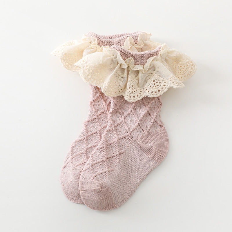 Korean Solid Lace Girls' Medium Tube Socks