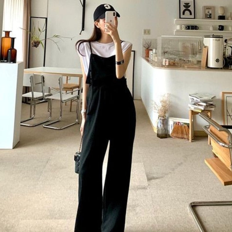 European And American Ladies Elegant Drawstring Waist Trimming Loose Wide Leg Pants Suspender Pants Simple Style
