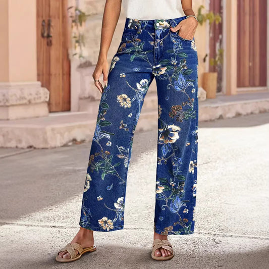 Retro Print Løse Brede Denimjeans til Kvinder