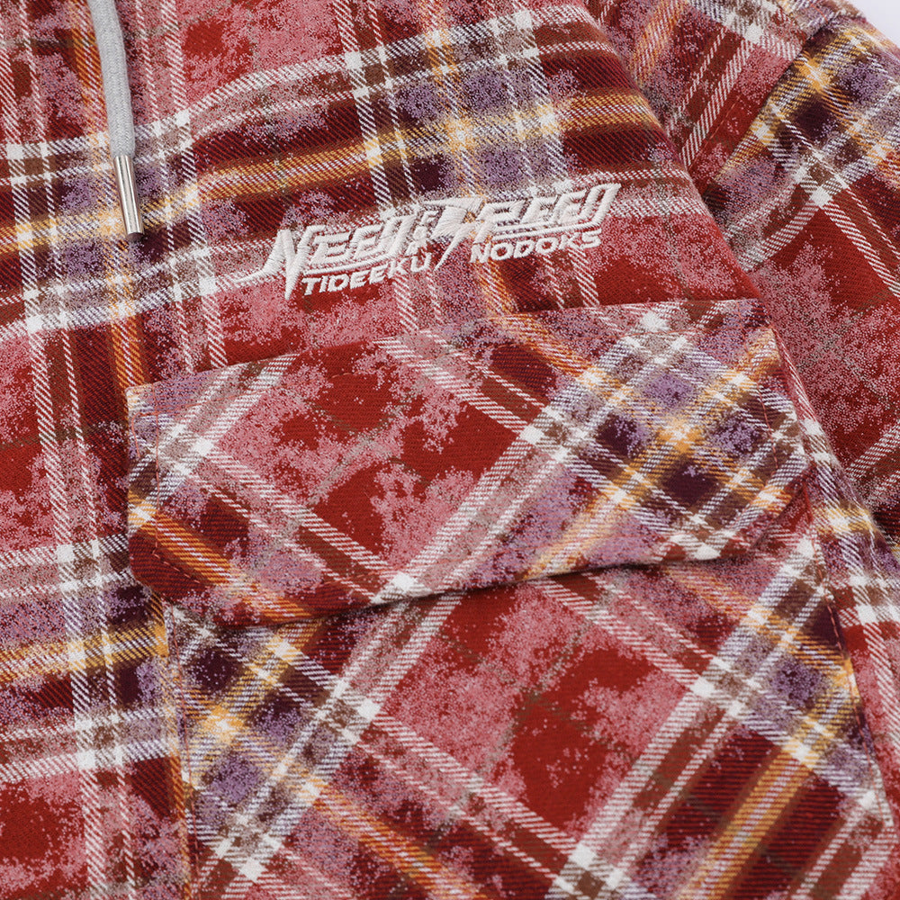 Spring And Autumn Plaid Colorblock Hooded Shirt Coat