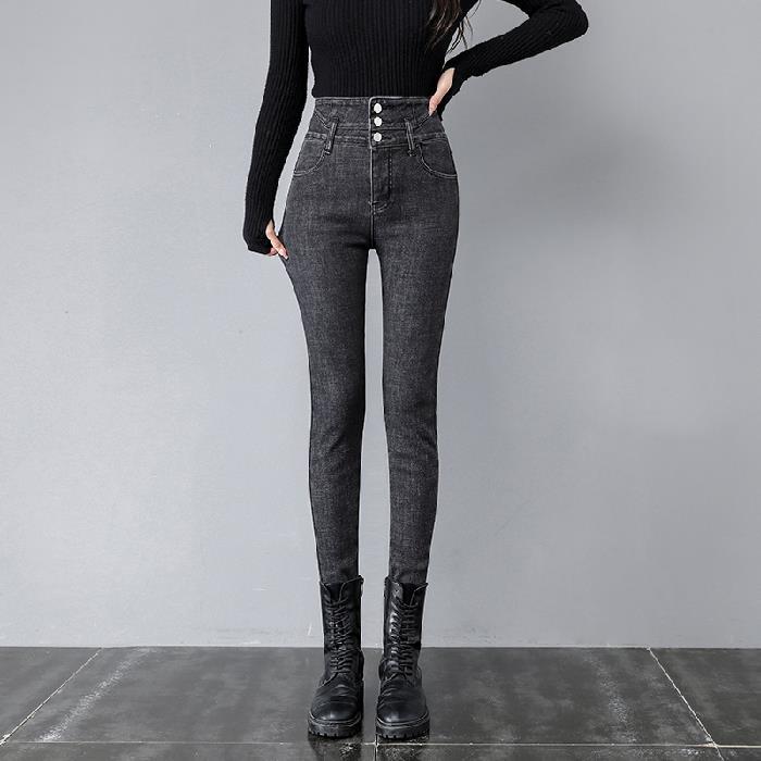 Fleece-lined Thick High Waist Pencil Pants High Elastic Slim Denim Skinny Pants Women