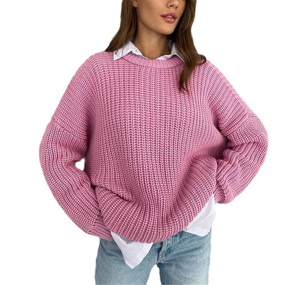 Relaxed-fit Crew-neck Solid-color Long-sleeve Laid-back Style