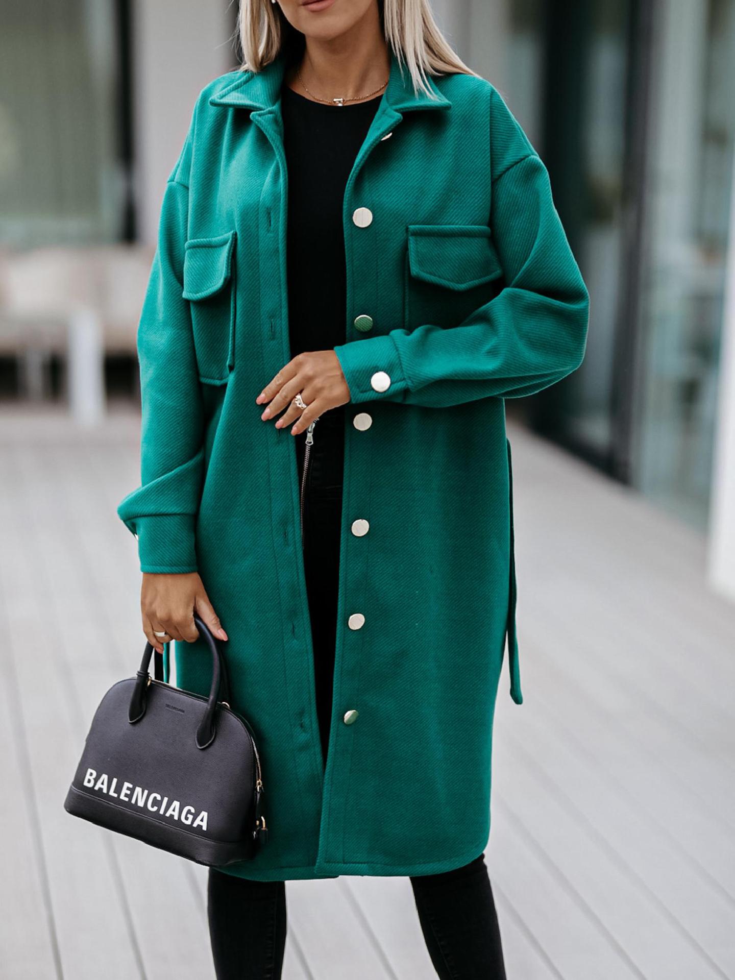 Solid Color Lace Long Sleeve Woolen Coat